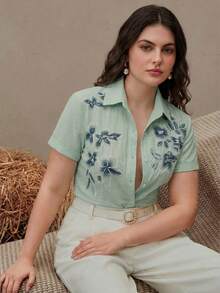 Anewsta Damen elegante Bluse mit floraler Stickerei und Kurzarm, vielseitig einsetzbar für Urlaub, moderne Mode und Pendeln - Minzgrün - Übersicht 4