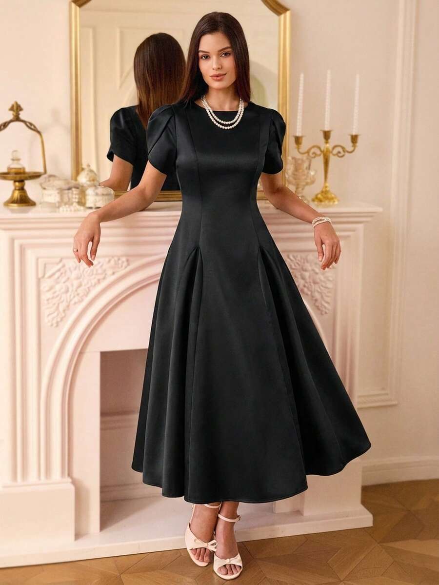 Aveloria Rosie Vestido largo de mujer con diseño de línea A, cuello redondo, mangas de tulipán y abertura en el bajo, de material de satén elegante y de alta gama, estilo europeo y americano - Negro - Ver 1
