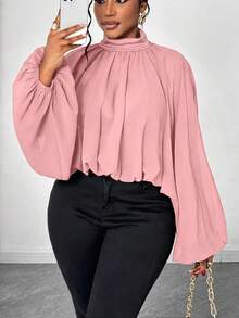 Maweii Blusa elegante de unicolor con volantes y mangas farol para tallas grandes, otoño - Rosa - Ver 8