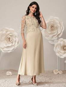 SHEIN 2pcs Maternity Elegant Dress & Embroidered Mesh Jacket Set - Apricot - View 5