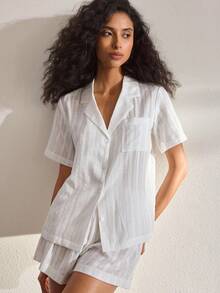 Ocili Natural Soft & Skin-Friendly Cotton Jacquard Lapel Short Sleeve & Shorts Pajama Set For Women - White - View 7