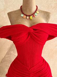 Soleia Women's Red Seksi Chic Holiday Vacation Textured Knit Off-Shoulder Ruched Drawstring Jumpsuit,Boho Beach Cruise Music Festival No Chest Padding - Red - View 4