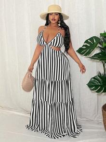 Slaydiva Plus Size Summer Casual Vacation Striped Hollow Out Halter Dress - Black - View 4