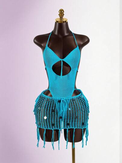 SaltGleam SaltGleam Sexy Backless Summer Camisole Top & Sequins Decor Skirt Two Pieces Set, Casual Holiday Outfit