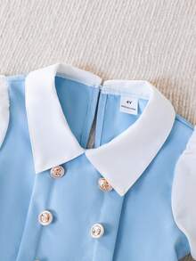 SHEIN Elladie kids 女童藏蓝色彼得潘领双排扣褶裥下摆长袖两用连衣裙，适合休闲、优雅、可爱日常、通勤和上学穿着。 - 淺藍色 - 查看 4