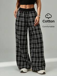 SHEIN PETITE Pantalones anchos de pierna ancha a cuadros casuales y sueltos para mujer - Blanco y Negro - Ver 4