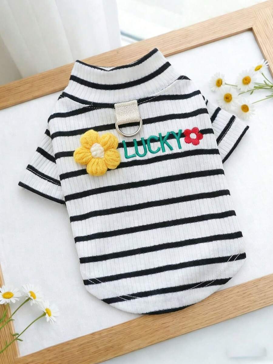 PETSIN 1pc Striped Pet High Neck Base Shirt LUCKY Embroidered Three-Dimensional Flower, With Traction D-Ring Cat And Dog Universal T-Shirt - Black and white bars - View 1