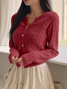 DAZY 女士纯色前扣粗针织开衫，休闲日常穿着，秋冬 - 酒紅色 - 查看 4