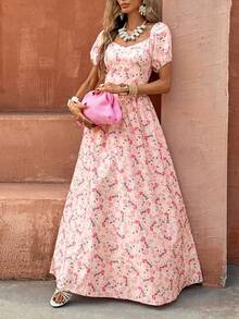 Selianne Đầm chữ A tay phồng, in hoa, thắt eo, màu hồng, thích hợp mặc đi nghỉ mát, mùa xuân/hè. - Nhiều màu - Xem 1