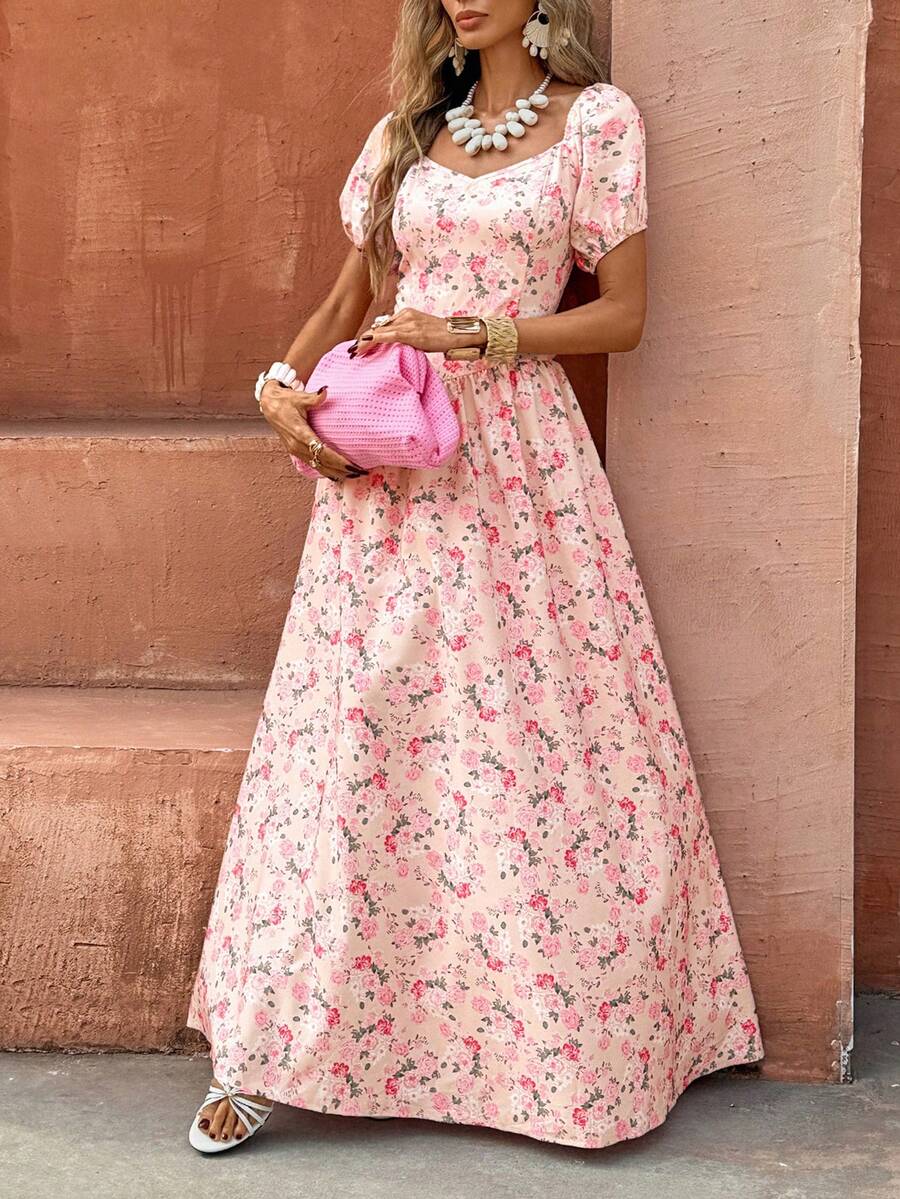 Selianne Đầm chữ A tay phồng, in hoa, thắt eo, màu hồng, thích hợp mặc đi nghỉ mát, mùa xuân/hè. - Nhiều màu - Xem 1