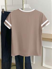 SHEIN Áo thun ngắn tay cổ tròn phối màu dành cho nữ cỡ lớn - Màu Khaki - Xem 2