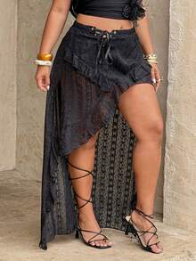 Rustia 低腰迷你裙，西部风情，度假风，夏季女装，沙滩女装，春夏小众设计不规则雪纺提花镂空系带低腰高腰性感深色纯色纹理面料半身裙，不规则下摆透视雪纺镂空拼接针织紧身打底裤，不规则下摆半身裙，垂坠百搭长裙 - 黑色 - 查看 4