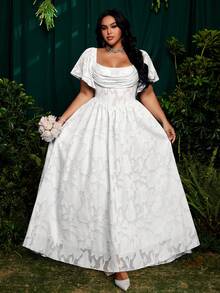 Roveilla 大码方领荷叶袖镂空提花雪纺优雅复古可爱度假派对连衣裙，飘逸裙摆 - 白色 - 查看 1