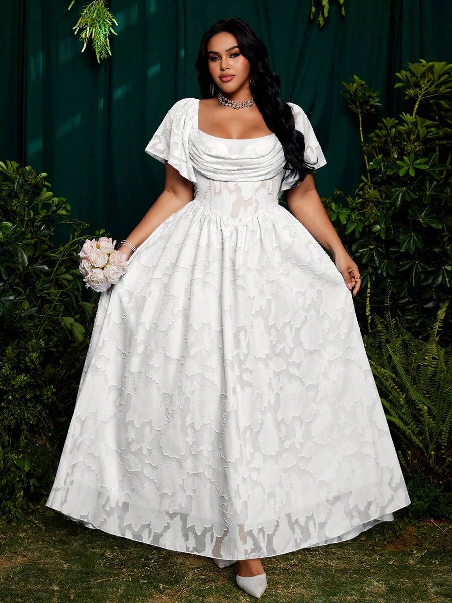 Roveilla 大码方领荷叶袖镂空提花雪纺优雅复古可爱度假派对连衣裙，飘逸裙摆 - 白色 - 查看 1