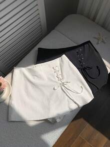 Comfortcana Quần short nữ màu trơn buộc dây, kiểu dáng tối giản, thích hợp mặc mùa hè. - Đen và trắng - Xem 3