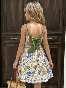 SHEIN 少女碎花吊带露背镂空连衣裙，饰有蝴蝶结 - 綠色 - 查看 11