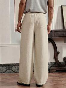 SWAVVY Men's Casual Comfortable Solid Color Elastic Waist Drawstring Pants Men Wide Leg Pant Wide Leg Sweats Loose Pants - Apricot - View 3