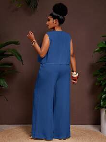 Veslaya 大码女式纯色系带上衣和阔腿裤休闲日常套装 - 霧霾藍 - 查看 2