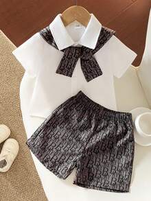 SHEIN 0-3岁男婴印花披肩、短袖衬衫和松紧腰字母印花短裤套装，适合所有季节、短途旅行、度假、外出、休闲、日常居家穿着、叠穿，适合3个月至24个月的男婴服装 - 彩色 - 查看 1