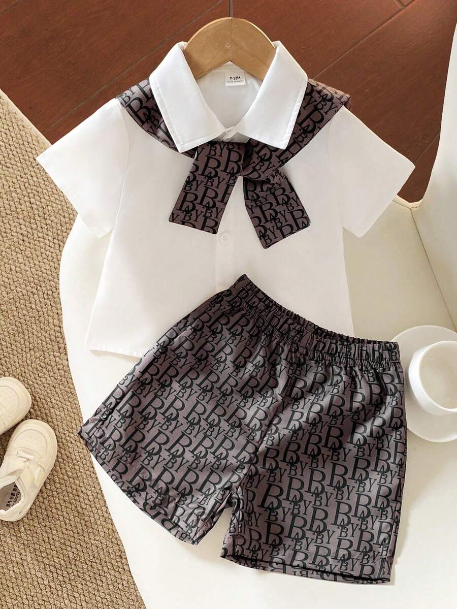 SHEIN 0-3岁男婴印花披肩、短袖衬衫和松紧腰字母印花短裤套装，适合所有季节、短途旅行、度假、外出、休闲、日常居家穿着、叠穿，适合3个月至24个月的男婴服装 - 彩色 - 查看 1