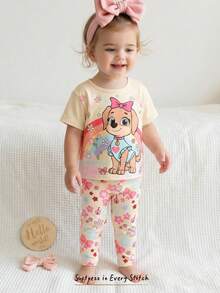 Cozy Pixies 2pcs Baby Girl Animal Print Knit Soft Round Neck Short Sleeve Top And Elastic Waist Pants Set - Multicolor - View 1