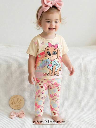 Cozy Pixies 2pcs Baby Girl Animal Print Knit Soft Round Neck Short Sleeve Top And Elastic Waist Pants Set