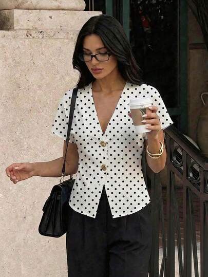 Aloruh Elegant Batwing Sleeve Double-Breasted Button-Up Vintage Polka Dot Print Minimalist White Shirt, Suitable For Commuting, Elegant Dates, Summer Vacation Outfits
