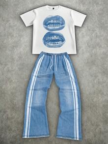 Manfinity ZONE917 休闲街头风蓝色宝石唇形条纹印花宽松牛仔T恤和裤子套装 - 白色 - 查看 1