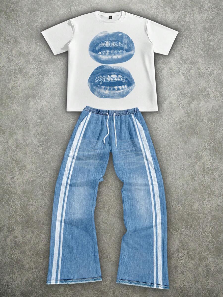 Manfinity ZONE917 休闲街头风蓝色宝石唇形条纹印花宽松牛仔T恤和裤子套装 - 白色 - 查看 1