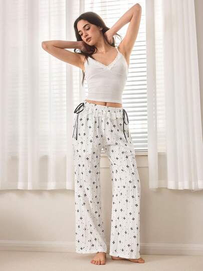 Ocili Women's Bow Decor Lace Ruffle Trim Pajama Bottoms