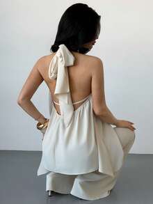 Firerie Women's Elegant Minimalist Comfortable Fashion Vacation Bohemian Commute Urban Modern Casual Halter Backless Draped Blouse And High Waist Wide Leg Flowing Pants Two Pieces Set, Apricot - Apricot - View 8