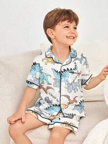 SHEIN 2pcs Young Boy Cute Dinosaur Pattern Collared Cardigan & Shorts Pajama Set, Summer - Multicolor - View 3