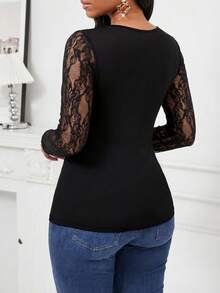 SHEIN Lady 女士蕾丝圆领修身休闲长袖T恤 - 黑色 - 查看 2