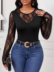 SHEIN Lady 女士蕾丝圆领修身休闲长袖T恤 - 黑色 - 查看 3