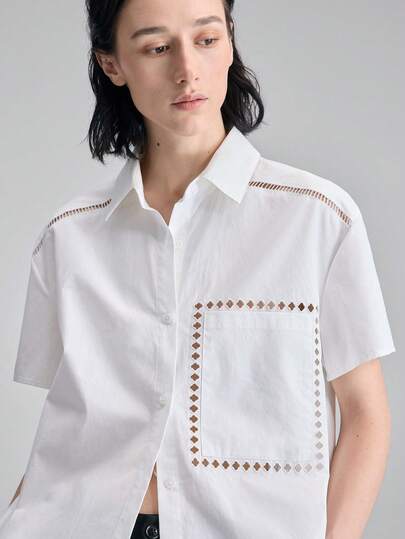 Ontre 2026春夏新款女式象牙色蕾丝拼接镂空刺绣口袋衬衫，现代优雅婚礼宾客装，简约浪漫法式奢华都市时尚商务休闲办公装，低调复古高端机场邮轮必备百搭高品质季节性婚纱系列度假装