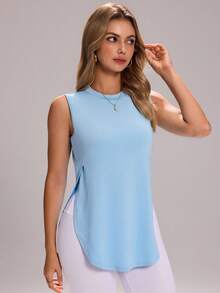 Sovereign Charm Áo tank top thể thao dài ôm sát, cổ tròn, vạt cong, xẻ tà bên, dành cho nữ, phong cách thường ngày thanh lịch, thích hợp cho tập luyện thể dục, chạy bộ, mùa hè. - Xanh da trời - Xem 6