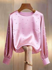 Knitted Elastic Satin Long Sleeve Top, With Bubble Beads On Front Panel And Sleeves - Baby Pink - View 1
