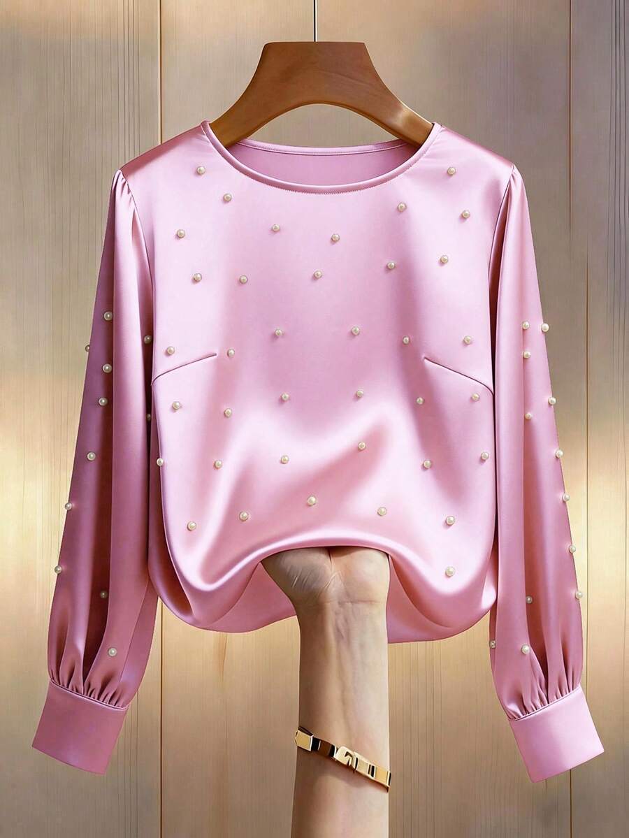 Knitted Elastic Satin Long Sleeve Top, With Bubble Beads On Front Panel And Sleeves - Baby Pink - View 1