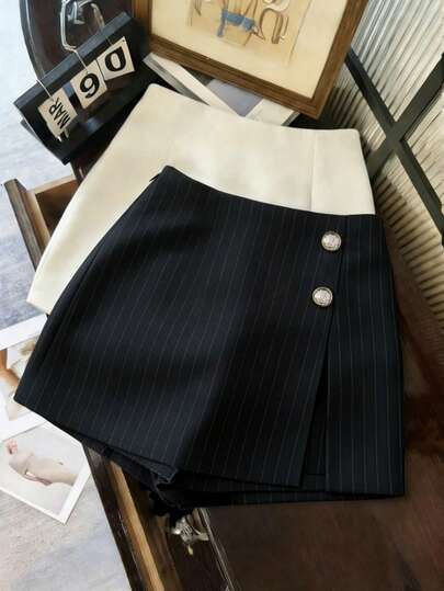 Franclia 新款夏季休闲通勤装优雅短裙，金属扣装饰开衩黑色条纹面料女裙