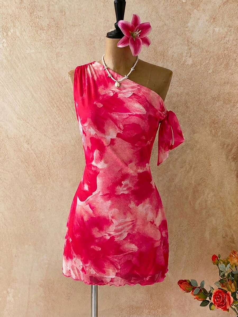 Firerie Váy ngắn đi nghỉ mát thanh lịch, gợi cảm, hở vai, họa tiết hoa mới mùa hè dành cho nữ, váy hoa lưới, váy cổ bất đối xứng, trang phục xuân/hè, trang phục đi biển, thanh lịch, gợi cảm, đi nghỉ, bãi biển, Hawaii, hẹn hò, tiệc tùng, lễ hội âm nhạc, váy tốt nghiệp, dạ hội