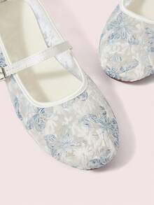 CUCCOO DOLLMOD Women's Shoes Fashion Round Head Flower Embroidery Word With Mary Jane Flats Cute And Sweet - Blue and White - View 5