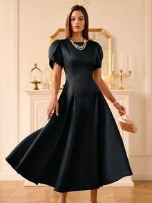 Aveloria Rosie Vestido largo de mujer con diseño de línea A, cuello redondo, mangas de tulipán y abertura en el bajo, de material de satén elegante y de alta gama, estilo europeo y americano - Negro - Ver 5