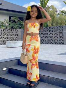 Sparklyn 少女春夏度假海滩热带花卉印花露脐吊带上衣搭配针织图案黄色背心套装 - 黃色 - 查看 2