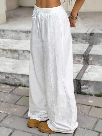 SHEIN Teen Girl Pants Daily Wear Casual Basic 100%Cotton Elastic Waistband White Pants, Wide Leg Pants, Back To School Cotton Pants Girl Wide Leg Pants Linen Pants For Loose Pants Summer Pants