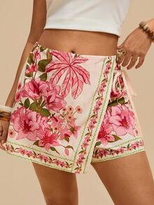 Travachic Plus Size Bohemian Casual Vacation Beach Shorts With Tie Decoration And Ruffle Hem For Women - Multicolor - View 4