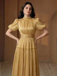 Anewsta Essential Anewsta 女士春夏金色优雅立领泡泡袖A字收腰长连衣裙，亮面面料，适合日常穿着、聚会、派对、情人节、婚礼等场合。 - 金色 - 查看 5