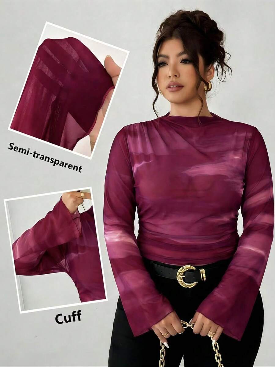 Elenzga 大码女式复古优雅修身褶皱渐变印花透视网纱弹力长袖打底T恤衫上衣，女士春秋服装女装女式长袖上衣 - 玫紅色 - 查看 1