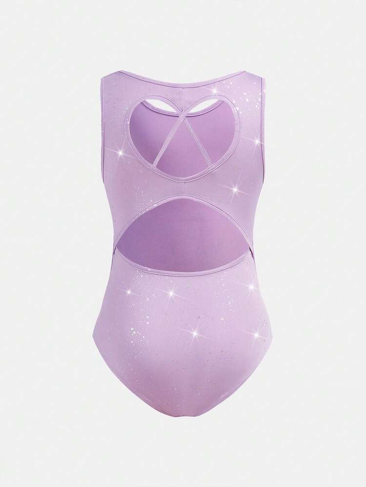 SHEIN 少女休闲运动体操瑜伽闪亮优雅高弹力箔针织露背连体衣，紫色 - 紫色 - 查看 2