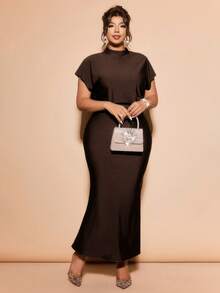 Cravure Plus Size Women Solid Color Stand Collar Elegant Waist Cinched Party Dress - Brown - View 4