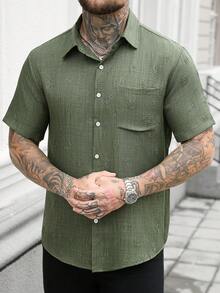 Manfinity Homme 男士休闲短袖衬衫，夏季 - 綠色 - 查看 3